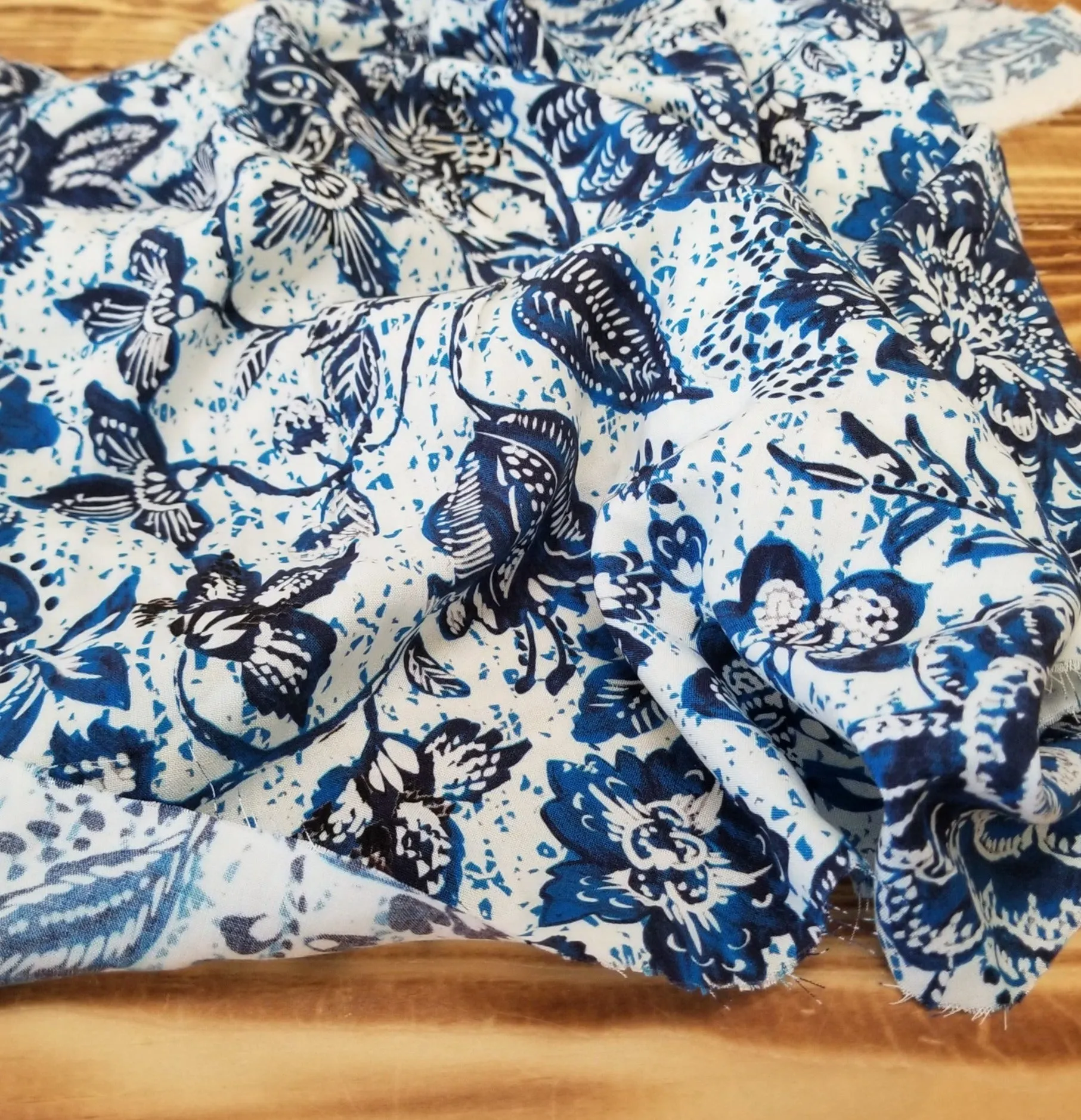 Designer Deadstock Italian Bohemian Floral Blue and Ivory  Viscose Challis Woven- by the yard