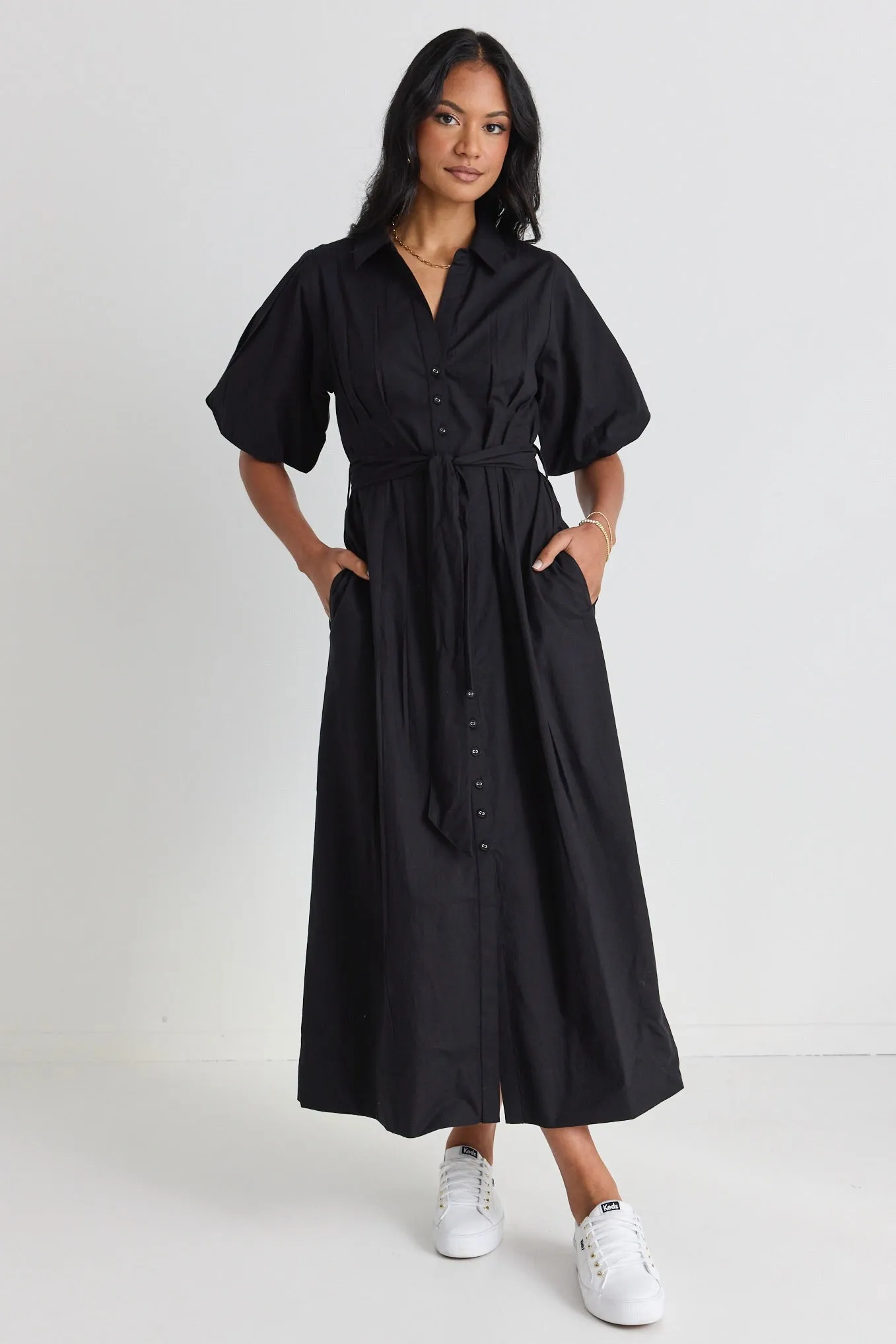 Dusk Black Puff Short Sleeve Collared Maxi Dress