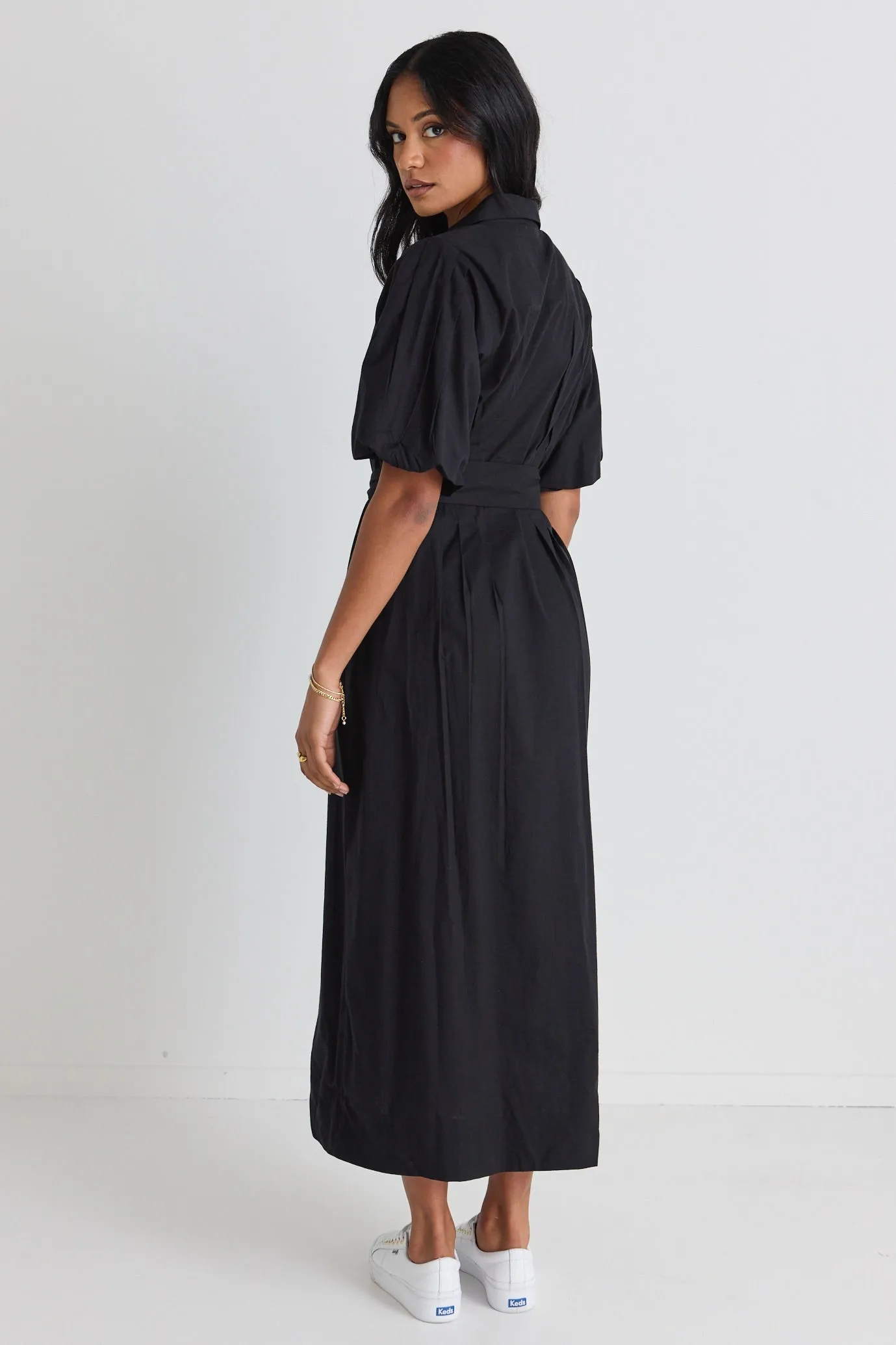 Dusk Black Puff Short Sleeve Collared Maxi Dress