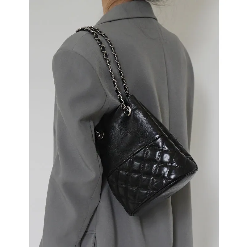 Elegant Calfskin Quilted Chain Bucket Bag | Fashion Quilted Shoulder & Crossbody Bag