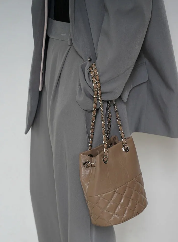 Elegant Calfskin Quilted Chain Bucket Bag | Fashion Quilted Shoulder & Crossbody Bag