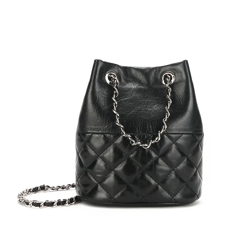 Elegant Calfskin Quilted Chain Bucket Bag | Fashion Quilted Shoulder & Crossbody Bag