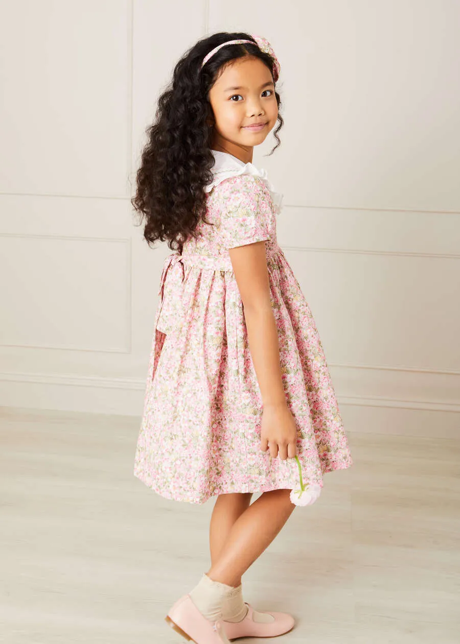 Eloise Floral Print Handsmocked Short Sleeve Dress in Pink (12mths-10yrs)