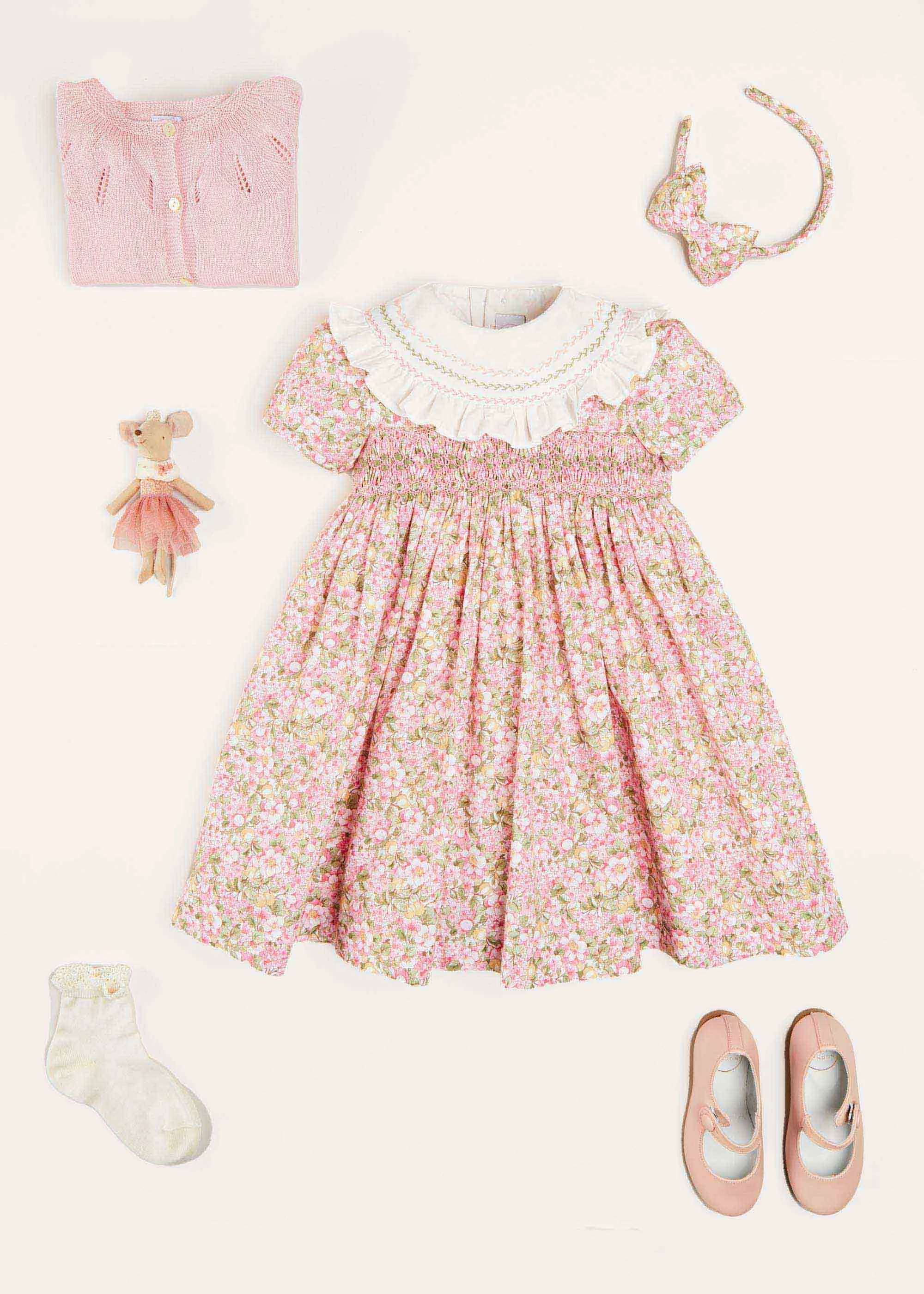 Eloise Floral Print Handsmocked Short Sleeve Dress in Pink (12mths-10yrs)