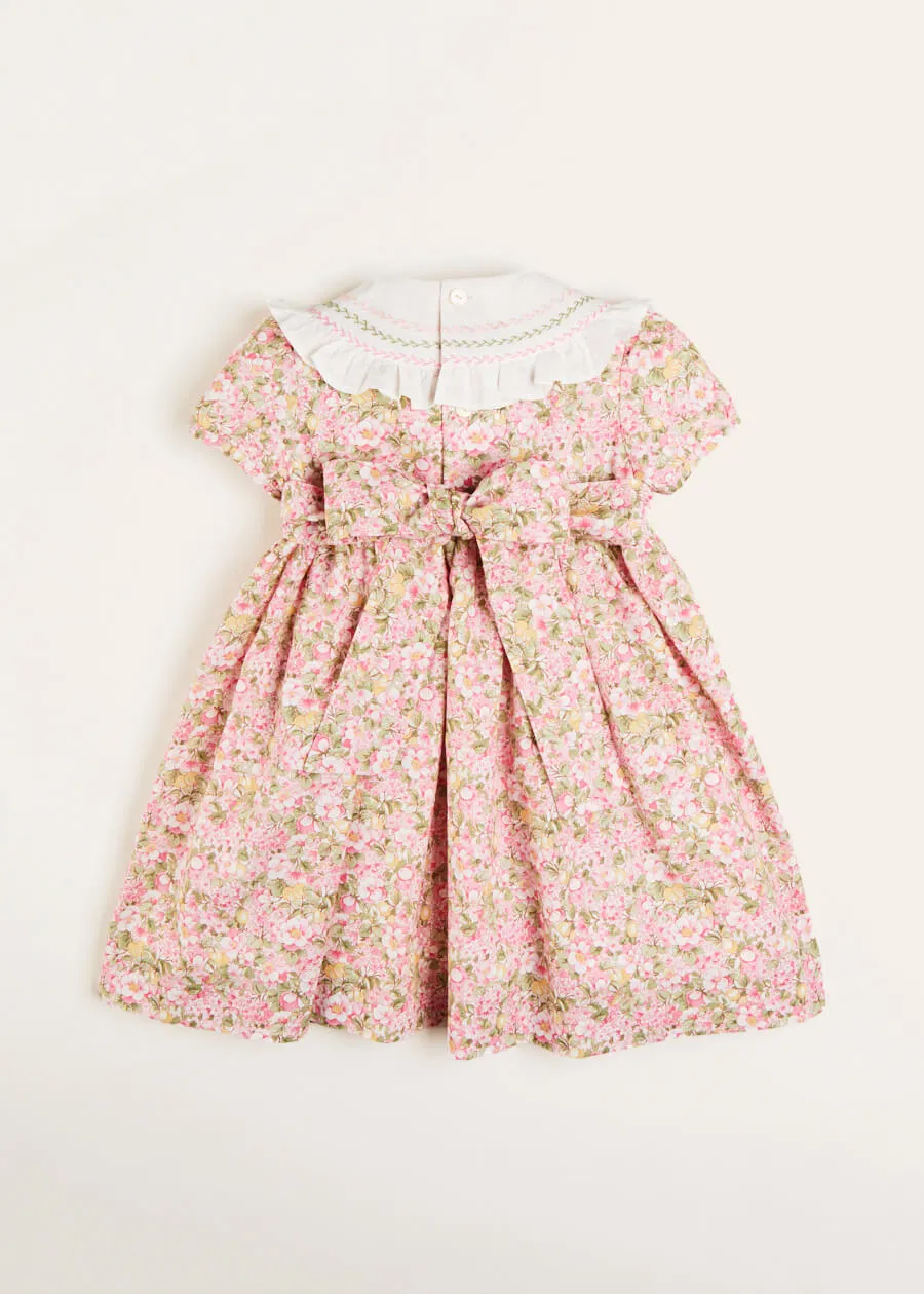 Eloise Floral Print Handsmocked Short Sleeve Dress in Pink (12mths-10yrs)