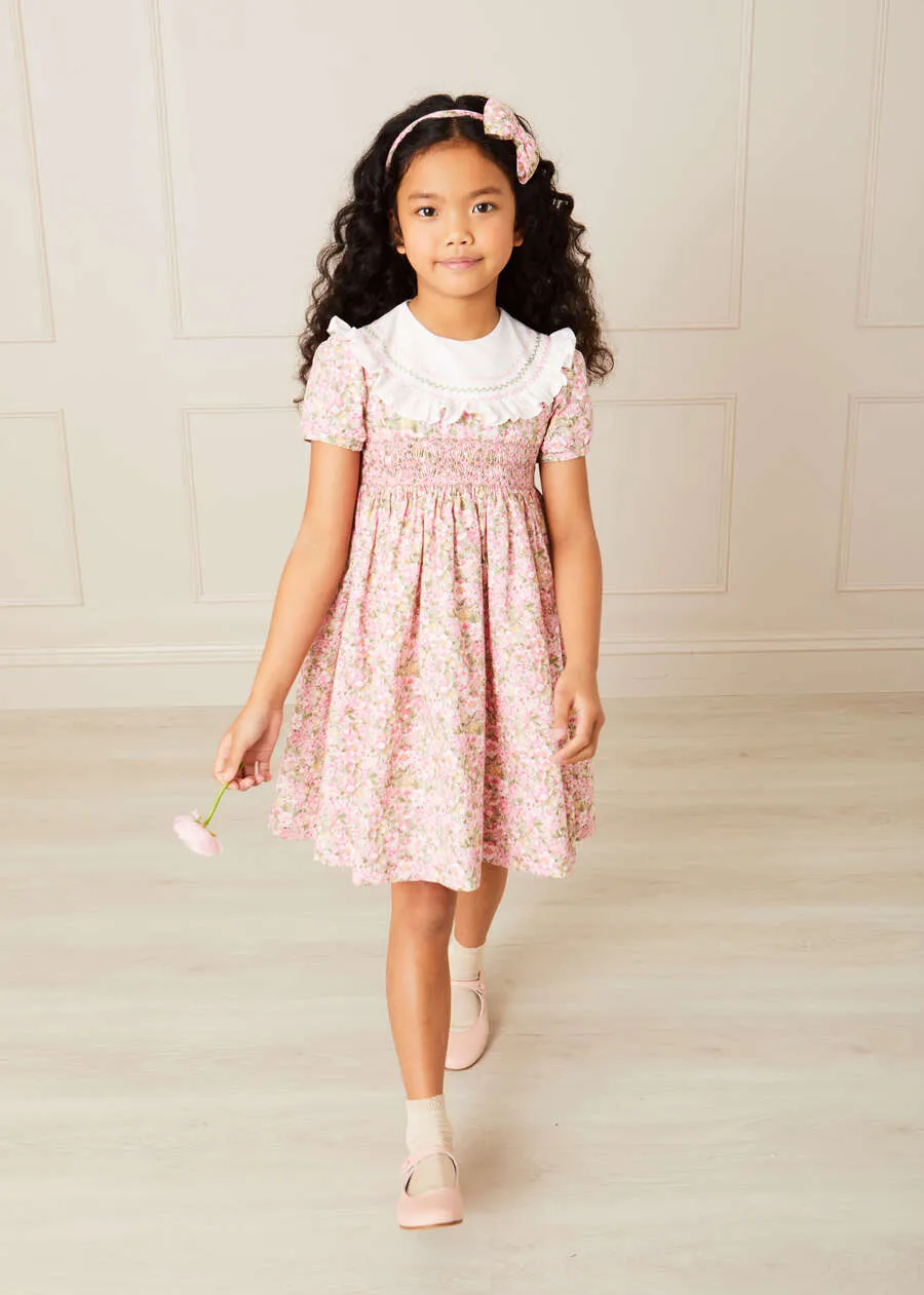 Eloise Floral Print Handsmocked Short Sleeve Dress in Pink (12mths-10yrs)