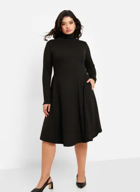 Essential Ribbed Turtleneck Midi Skater Dress W. Pockets