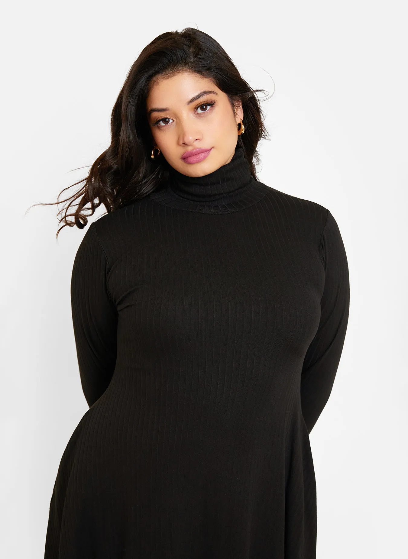 Essential Ribbed Turtleneck Midi Skater Dress W. Pockets