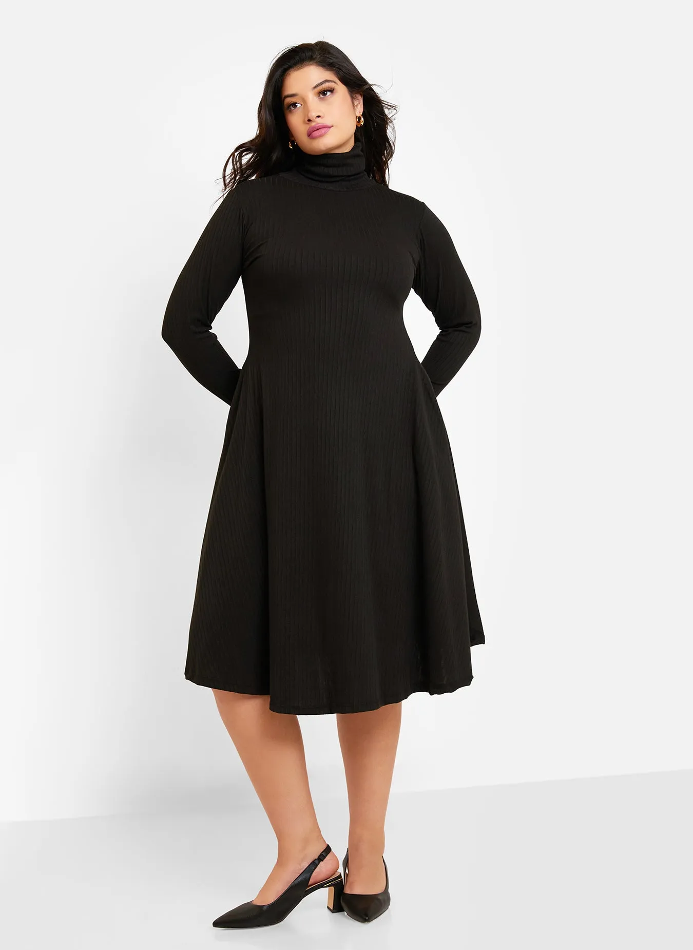 Essential Ribbed Turtleneck Midi Skater Dress W. Pockets