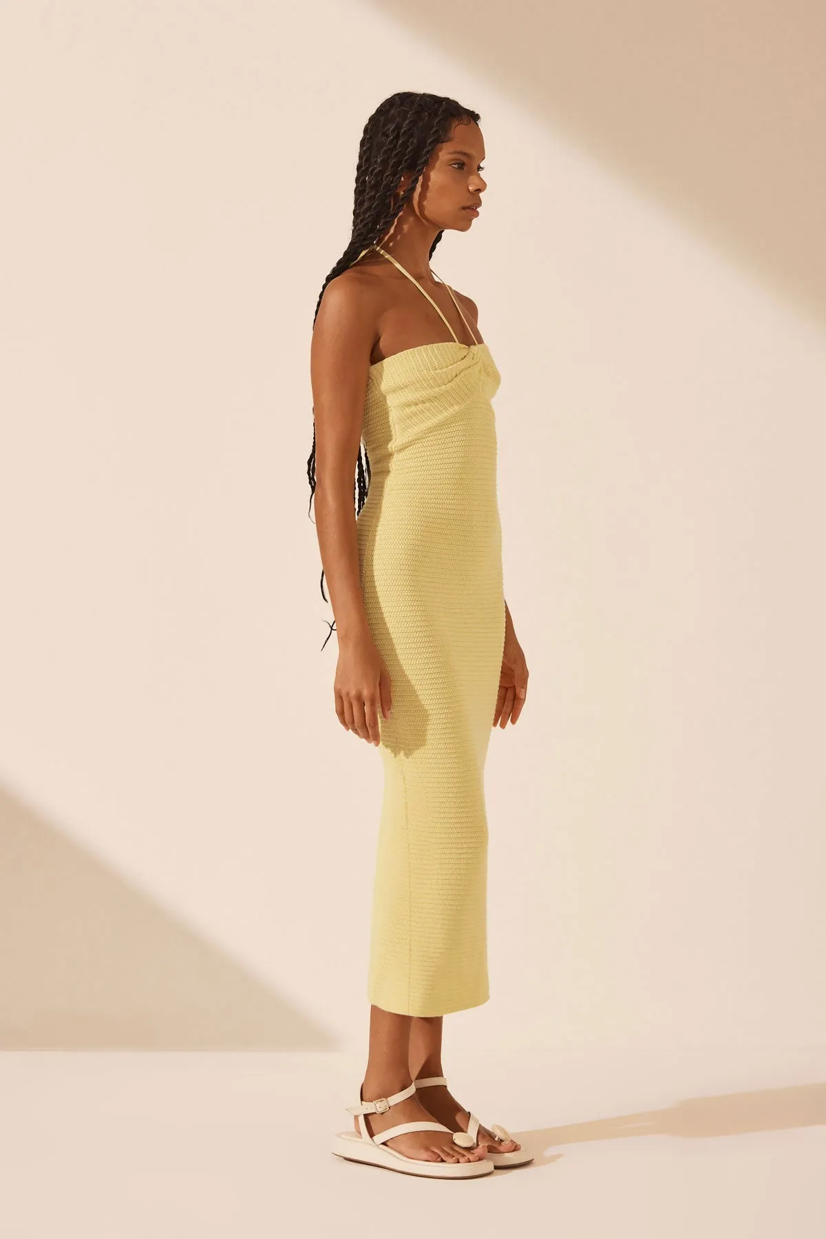 EVE TWIST FRONT HALTER MIDI DRESS - LEMON