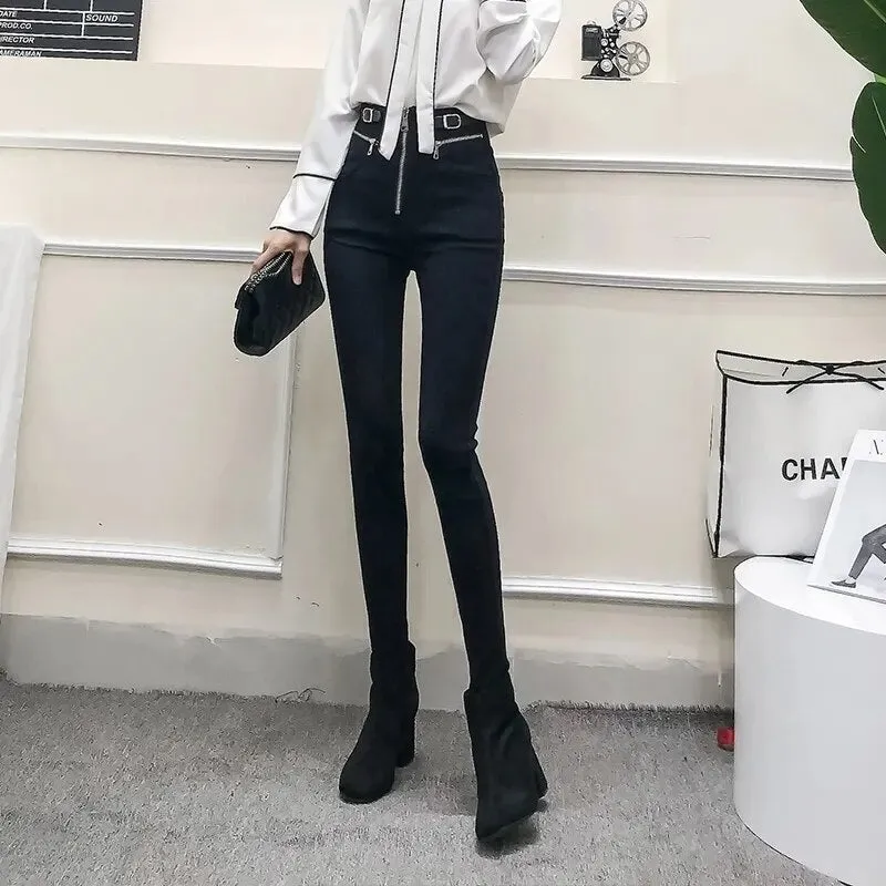 Fall Winter Plus Velvet Black Zipper Pencil Pants Women Casual Skinny Stretch High Waist Trousers Streetwear Slim Leggings Capri