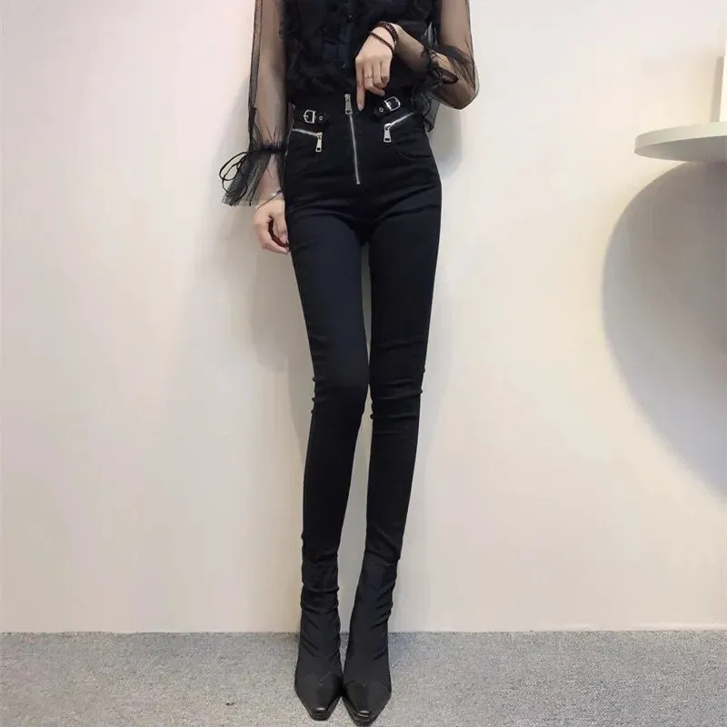 Fall Winter Plus Velvet Black Zipper Pencil Pants Women Casual Skinny Stretch High Waist Trousers Streetwear Slim Leggings Capri