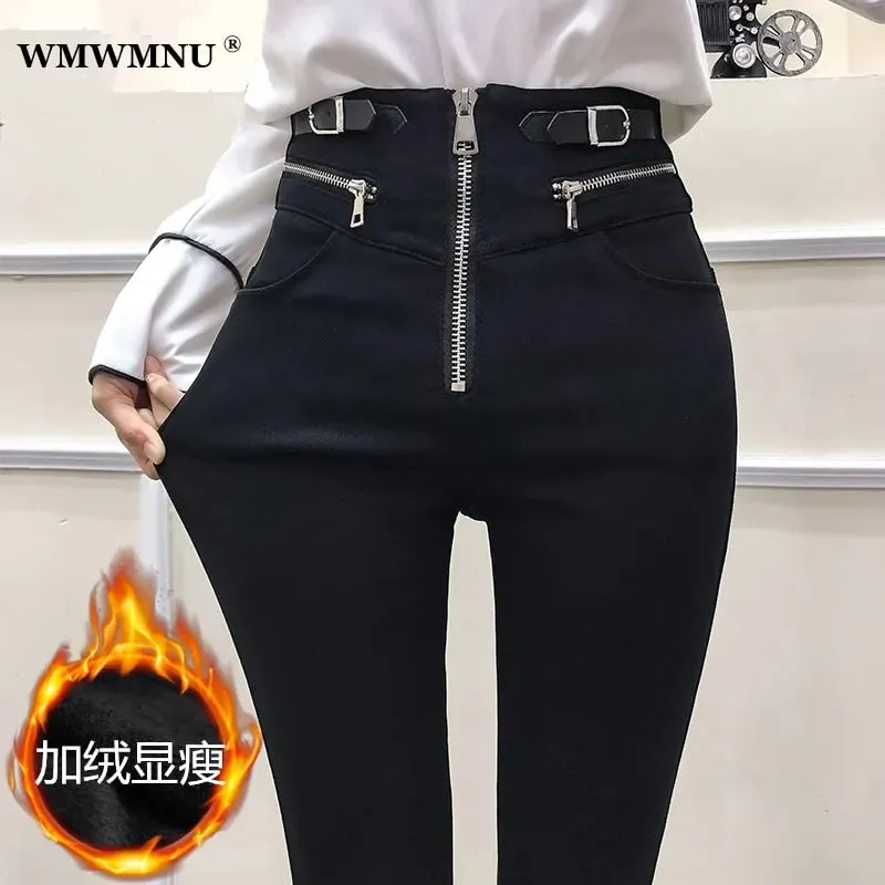 Fall Winter Plus Velvet Black Zipper Pencil Pants Women Casual Skinny Stretch High Waist Trousers Streetwear Slim Leggings Capri