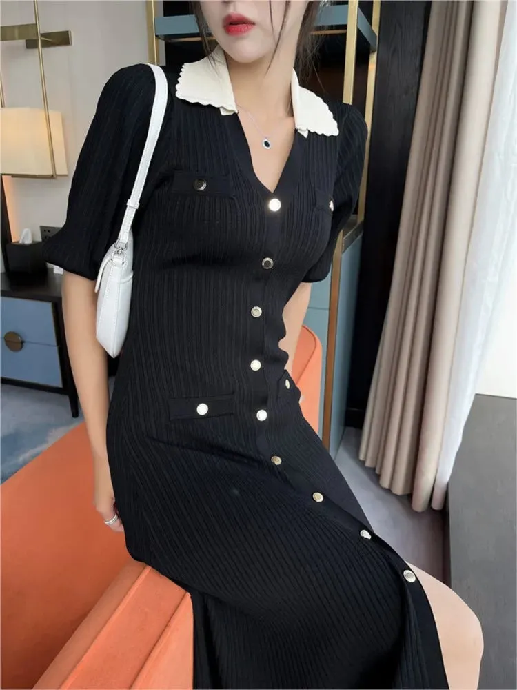 Fashionkova Autumn Elegant Knitted Dresses for Women Patchwork V-neck Puff Sleeve Single Breasted Midi Dress Fashion Ladies Vestidos Femme