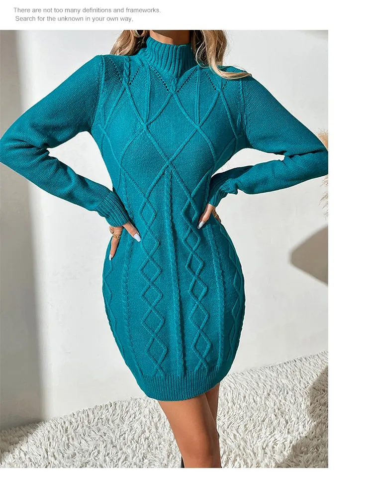 Fashionkova  Ice Blue Turtleneck Slim Fitting Basic Bottoming Autumn Winter Pullover Mini Dress Women Clothing Office Lady Geometric