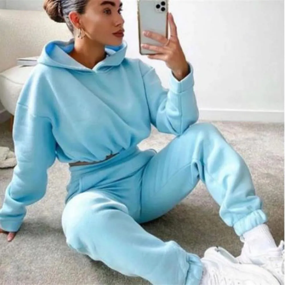 Fashionkova  New Sweatshirts Pullover Hoodies Pants Suit Home Sweatpants Trousers Outfits Solid Casual Women Sports Two Pieces Set Tracksuit