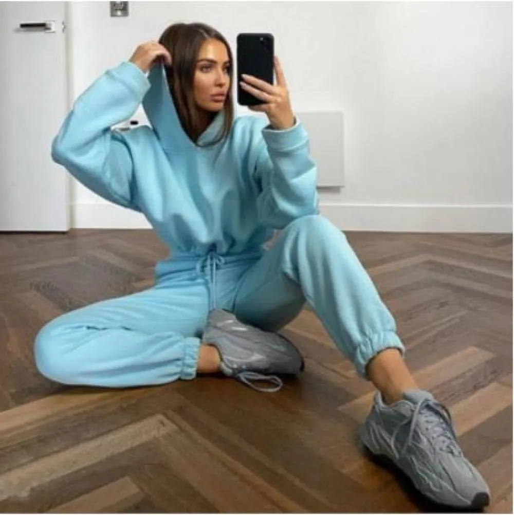 Fashionkova  New Sweatshirts Pullover Hoodies Pants Suit Home Sweatpants Trousers Outfits Solid Casual Women Sports Two Pieces Set Tracksuit