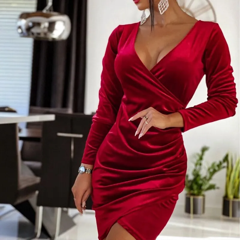 Fashionkova  Velvet Dress Autumn Women  Long Sleeve Turtleneck Bodycon Mini Dresses Solid Slim Party Dress Clubwwear Vestidos De Noche