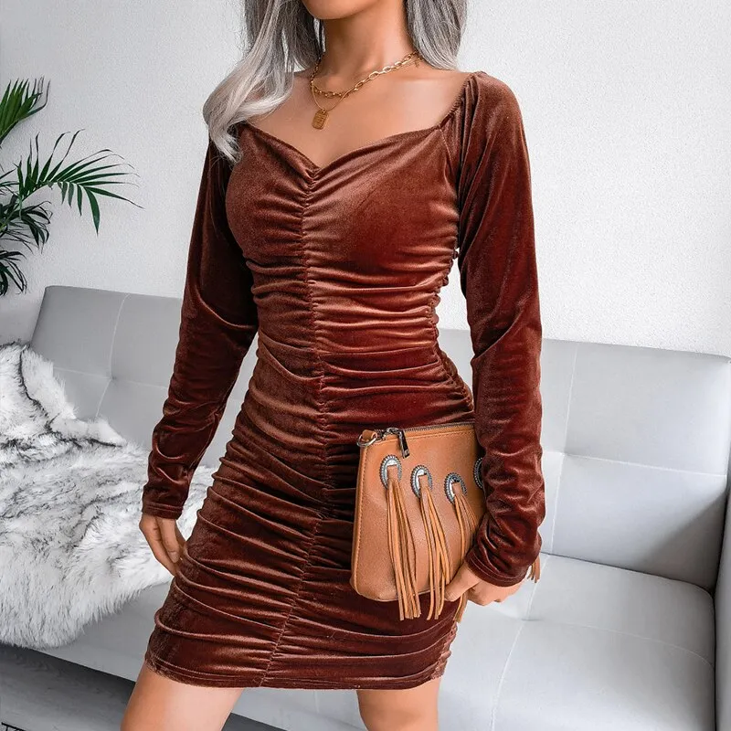 Fashionkova  Velvet Dress Autumn Women  Long Sleeve Turtleneck Bodycon Mini Dresses Solid Slim Party Dress Clubwwear Vestidos De Noche