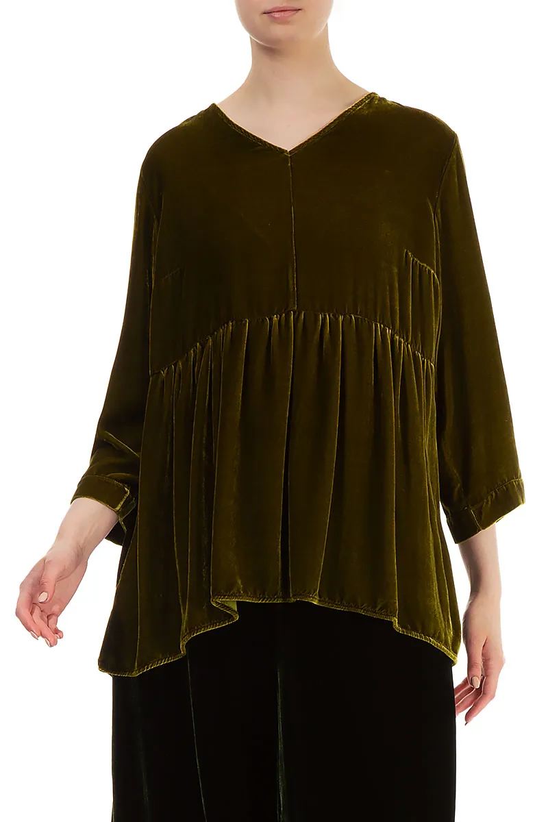 Flared V-Neck Golden Lime Silk Velvet Blouse