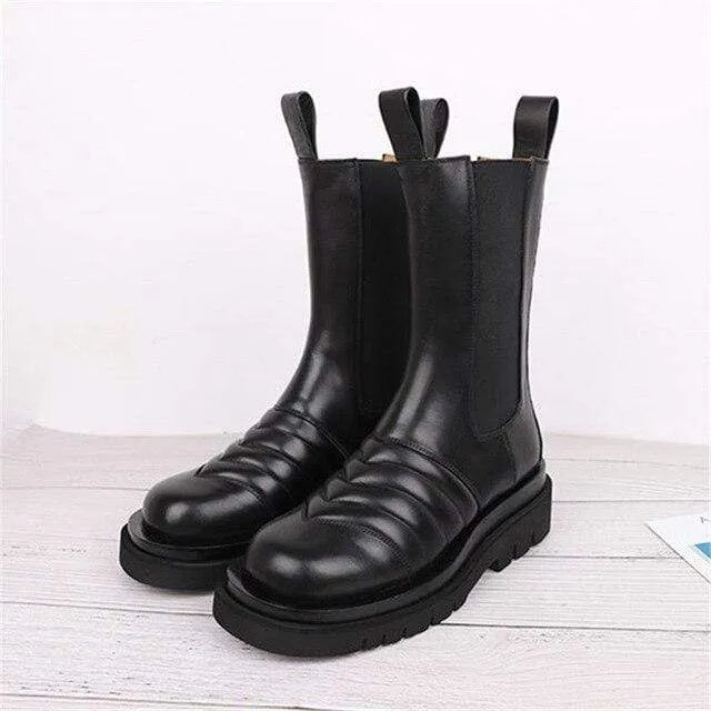 Genuine Leather Chelsea Boots Platform Ankle Boots Flat Botas Ladies  Booties