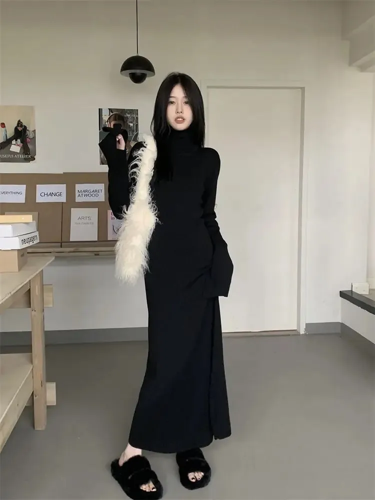 Girlary Korean Style Knitted Dress Women Turtleneck Long Sleeve Maxi Dress Casual Elegant Black Bodycon Dress Female Winter