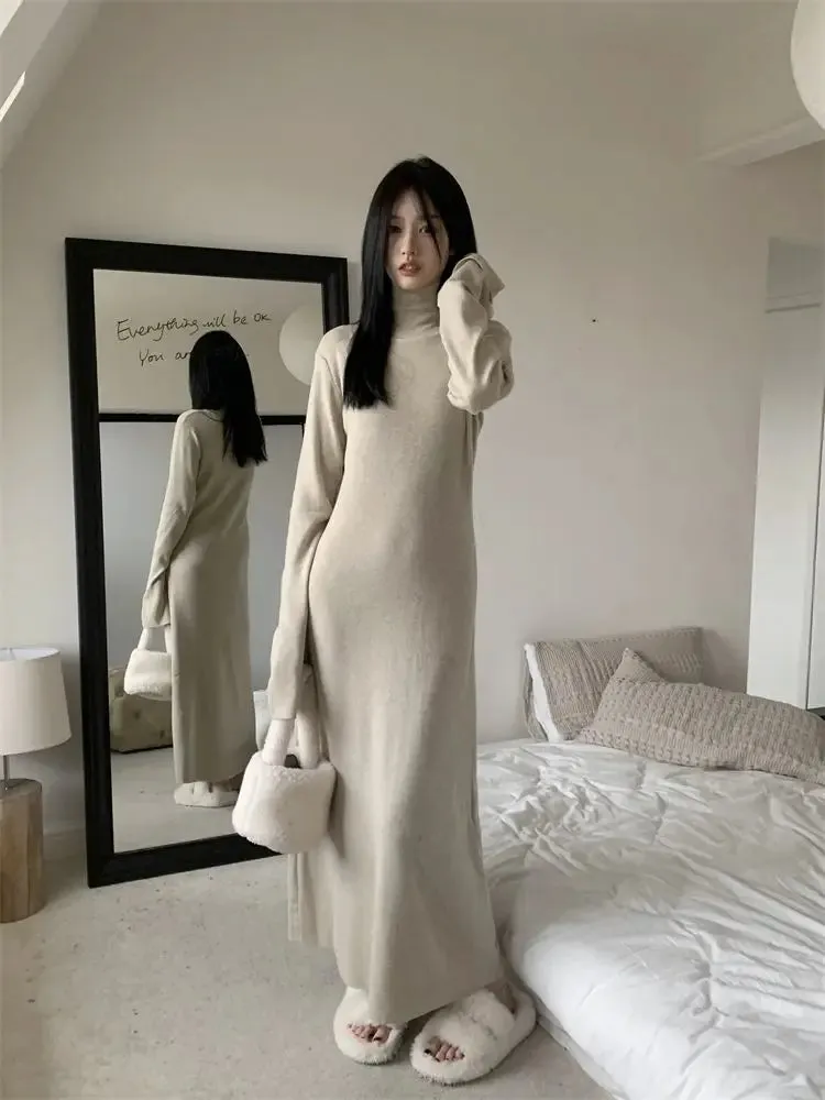 Girlary Korean Style Knitted Dress Women Turtleneck Long Sleeve Maxi Dress Casual Elegant Black Bodycon Dress Female Winter