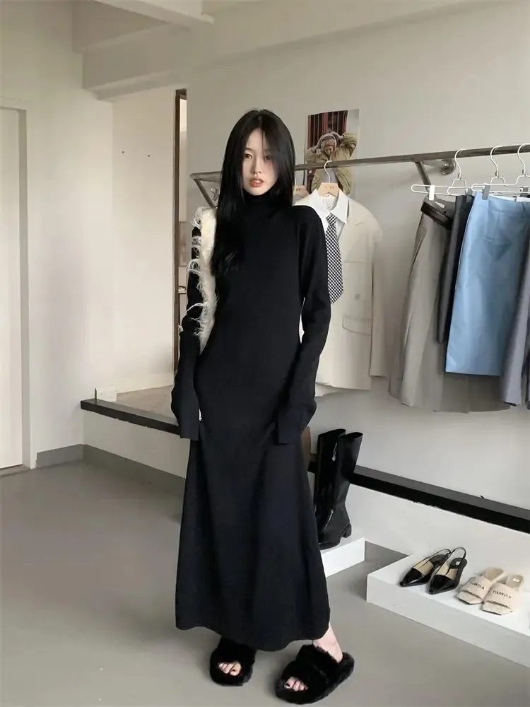 Girlary Korean Style Knitted Dress Women Turtleneck Long Sleeve Maxi Dress Casual Elegant Black Bodycon Dress Female Winter