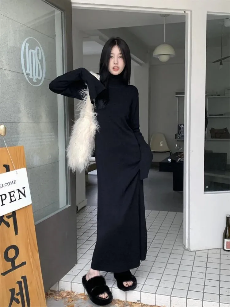 Girlary Korean Style Knitted Dress Women Turtleneck Long Sleeve Maxi Dress Casual Elegant Black Bodycon Dress Female Winter