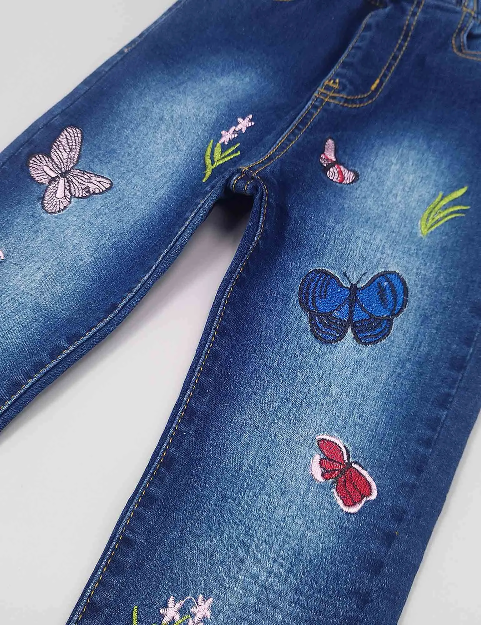 Girls Butterfly Grass Embroidered Slim Jeans Floral Pants