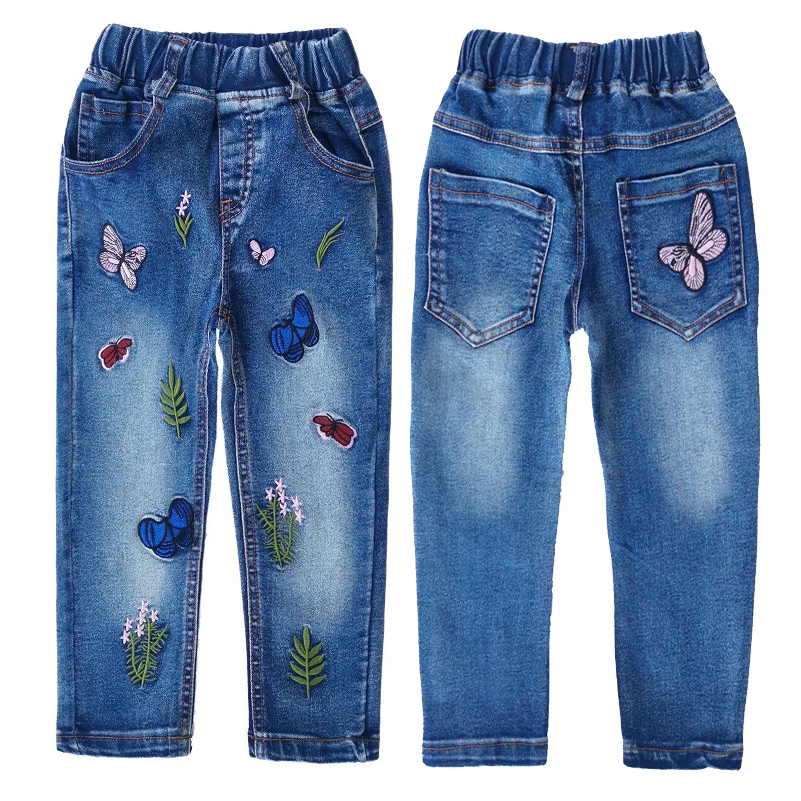 Girls Butterfly Grass Embroidered Slim Jeans Floral Pants