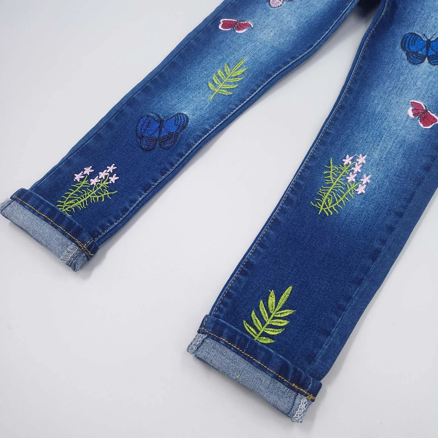 Girls Butterfly Grass Embroidered Slim Jeans Floral Pants