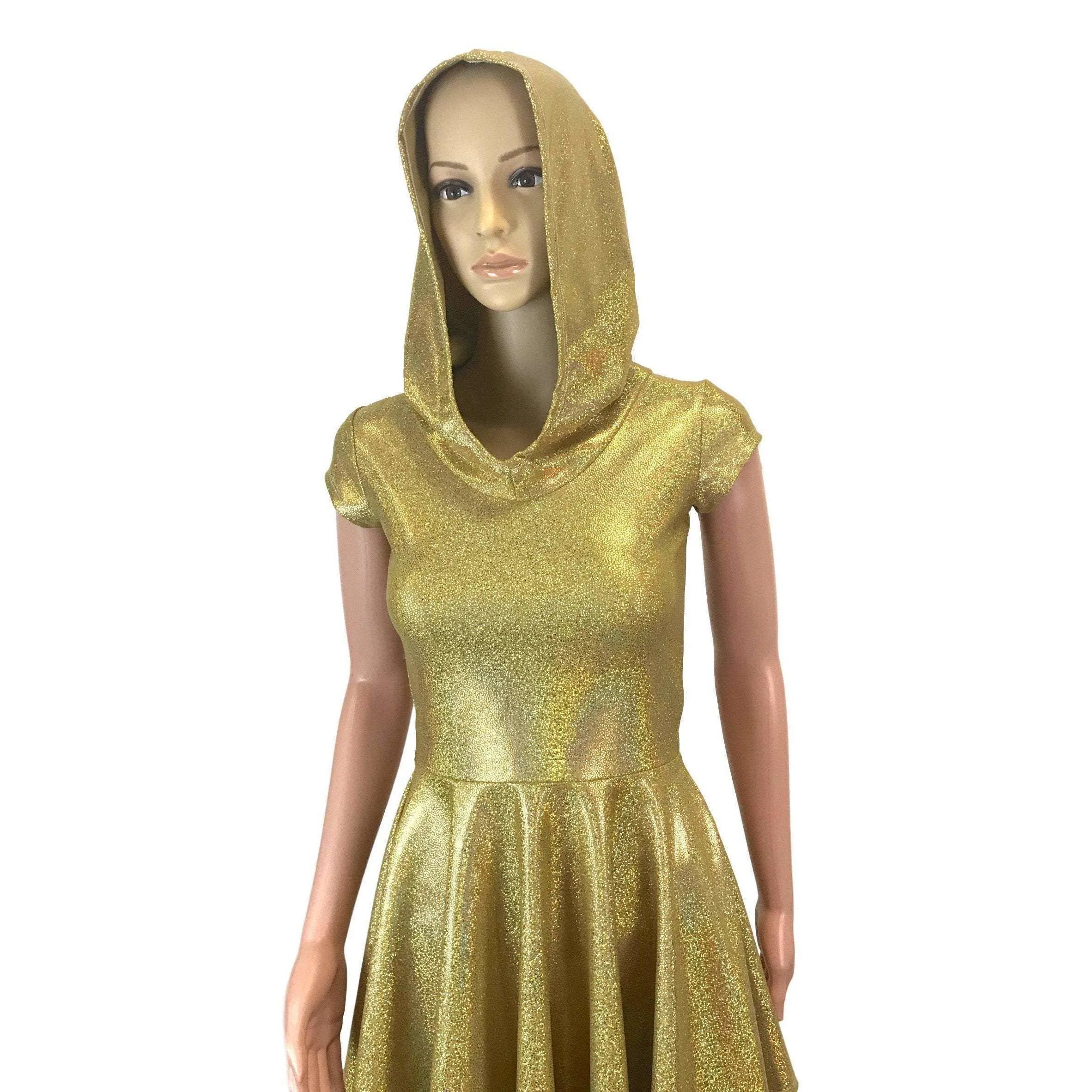 Gold Holographic Cap Sleeve Hoodie Skater Dress