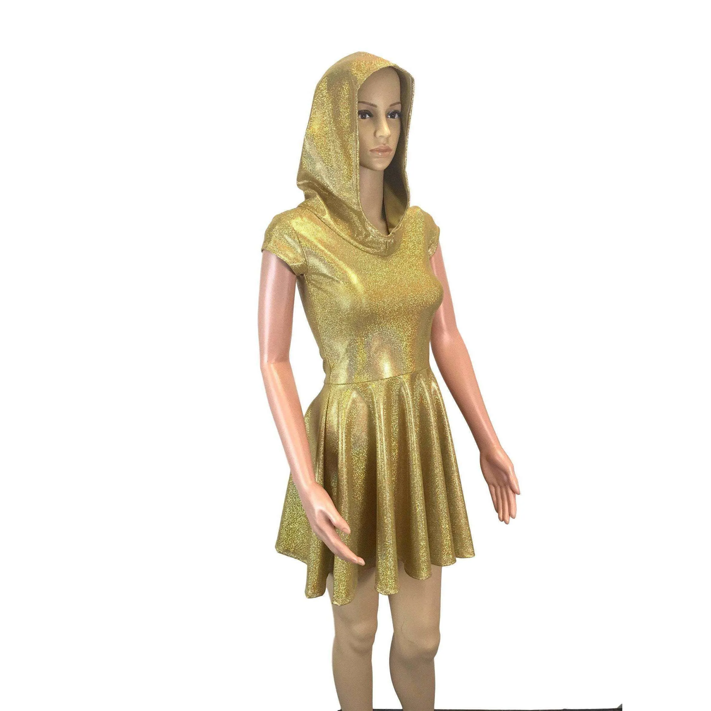 Gold Holographic Cap Sleeve Hoodie Skater Dress