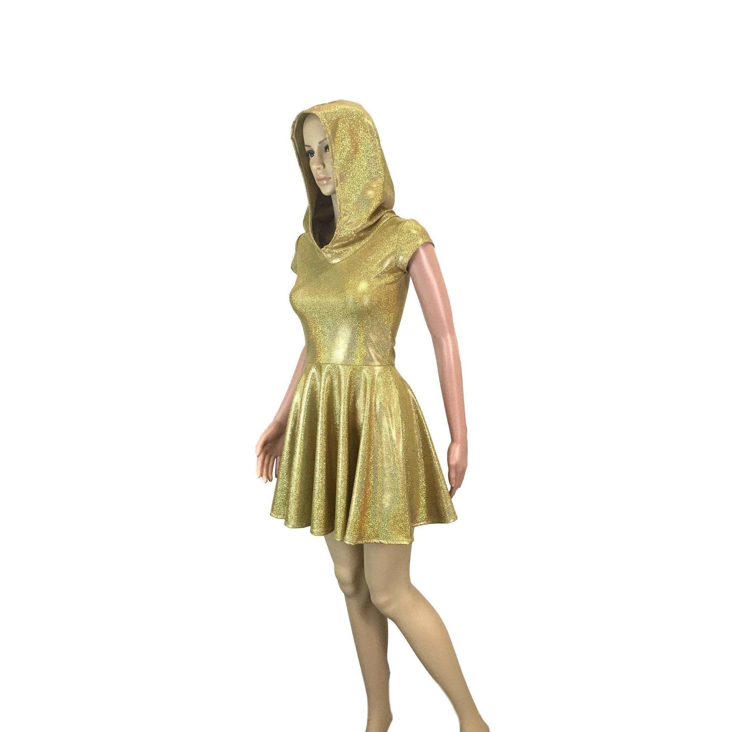 Gold Holographic Cap Sleeve Hoodie Skater Dress