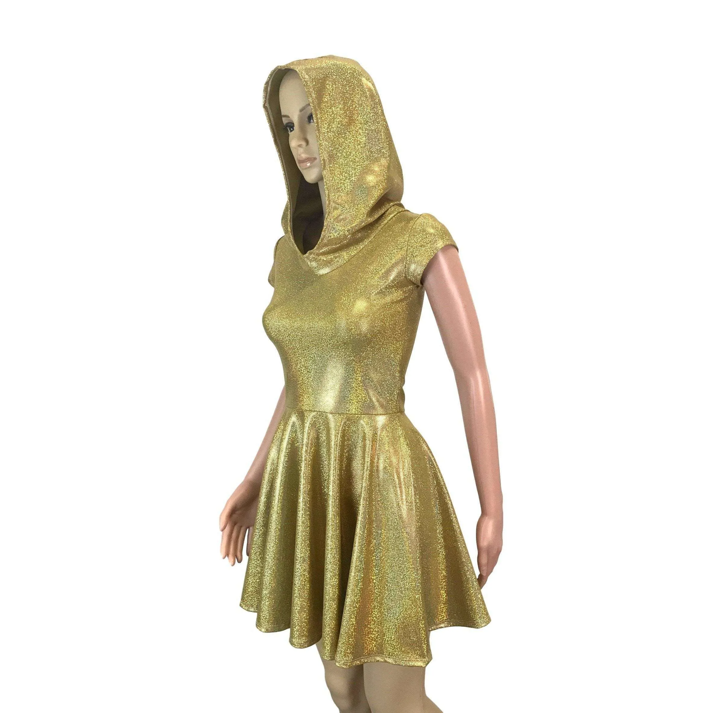 Gold Holographic Cap Sleeve Hoodie Skater Dress