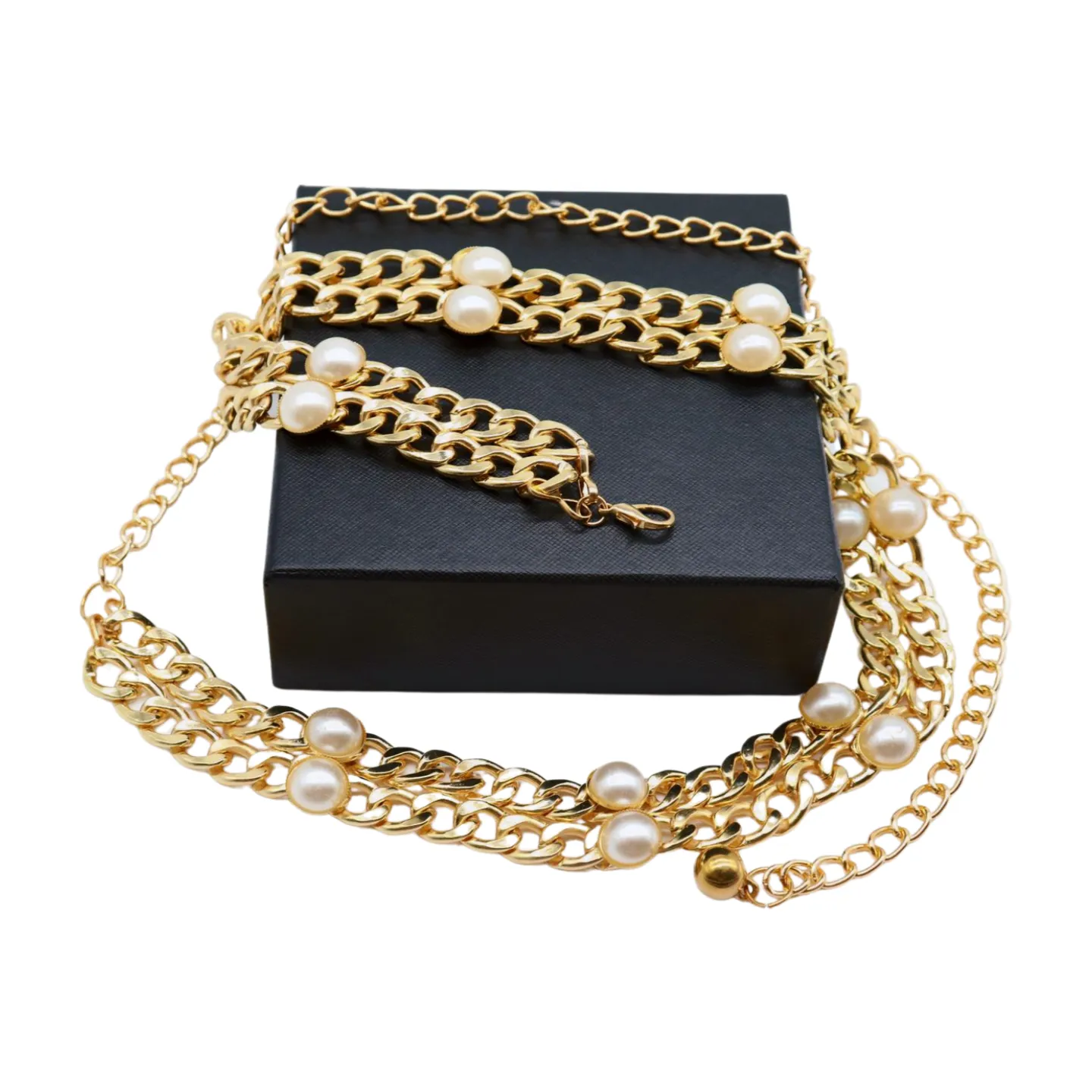 Gold Metal Chain Links Belt Pearl Beads S M