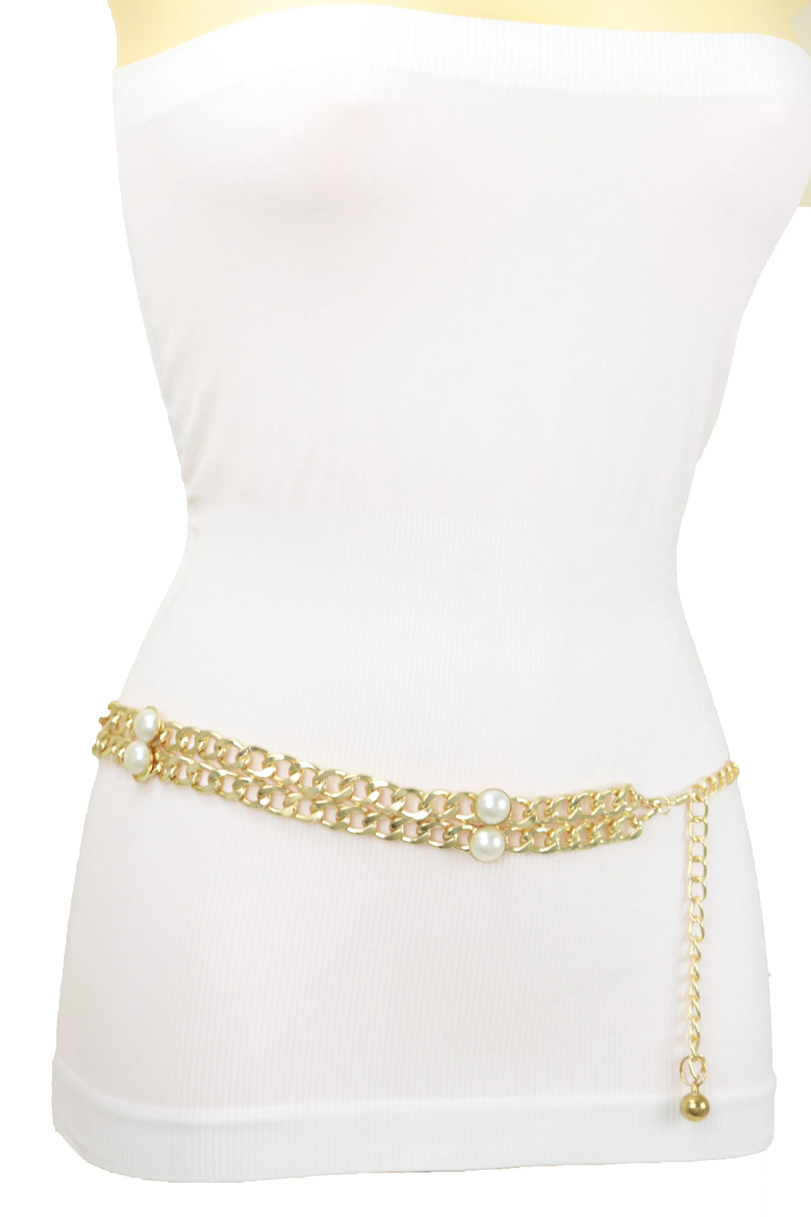 Gold Metal Chain Links Belt Pearl Beads S M