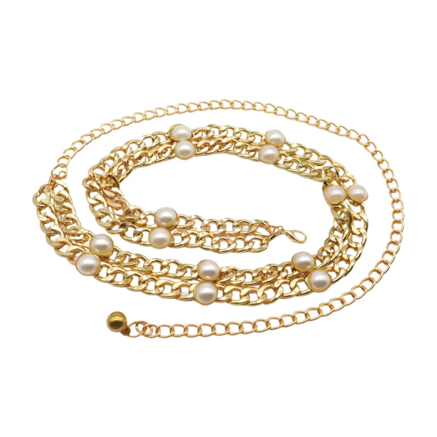 Gold Metal Chain Links Belt Pearl Beads S M