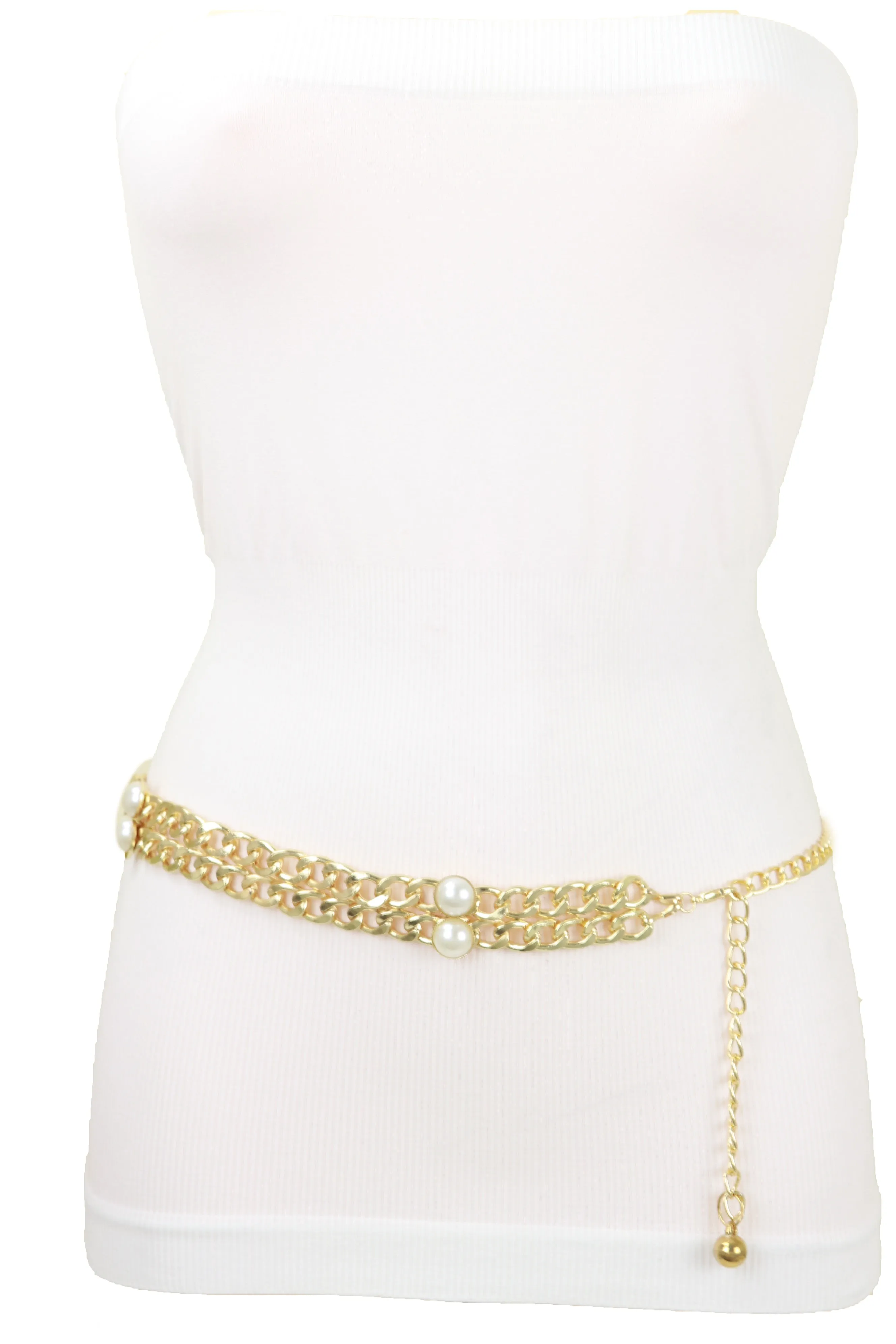 Gold Metal Chain Links Belt Pearl Beads S M