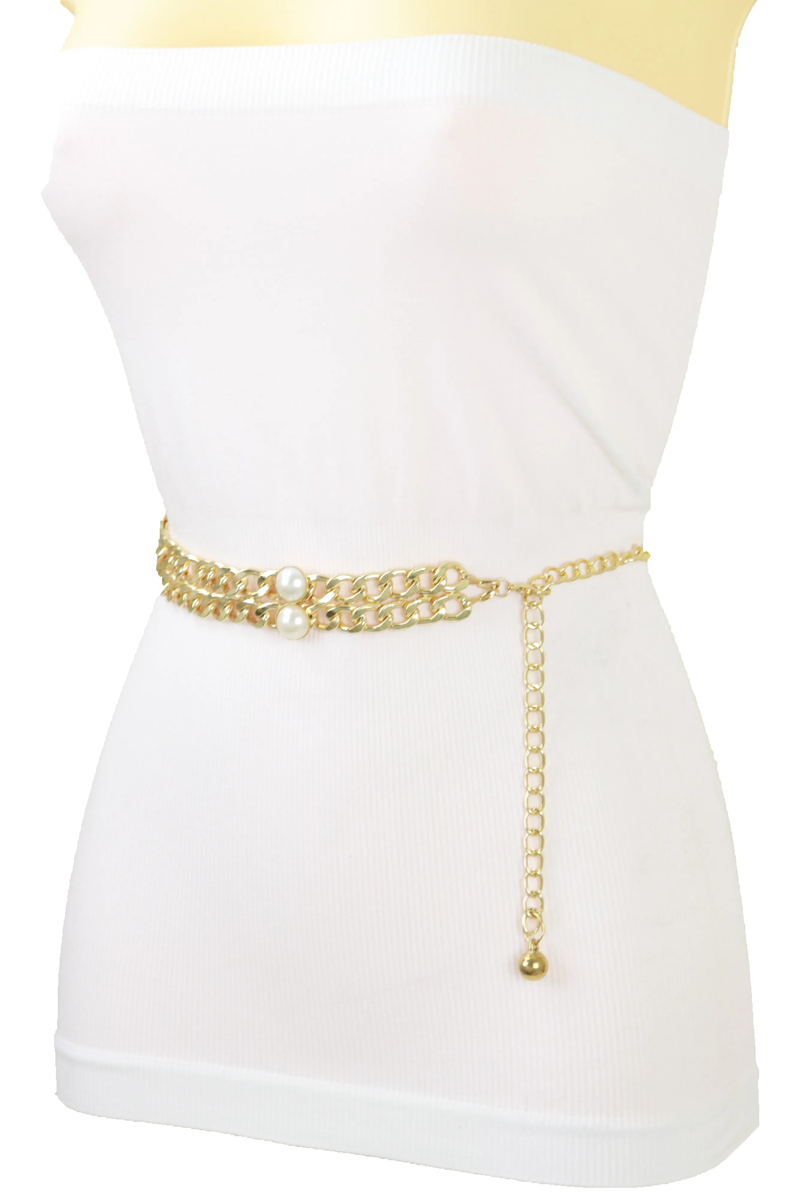 Gold Metal Chain Links Belt Pearl Beads S M