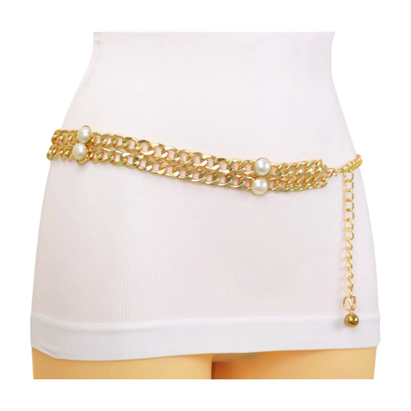 Gold Metal Chain Links Belt Pearl Beads S M