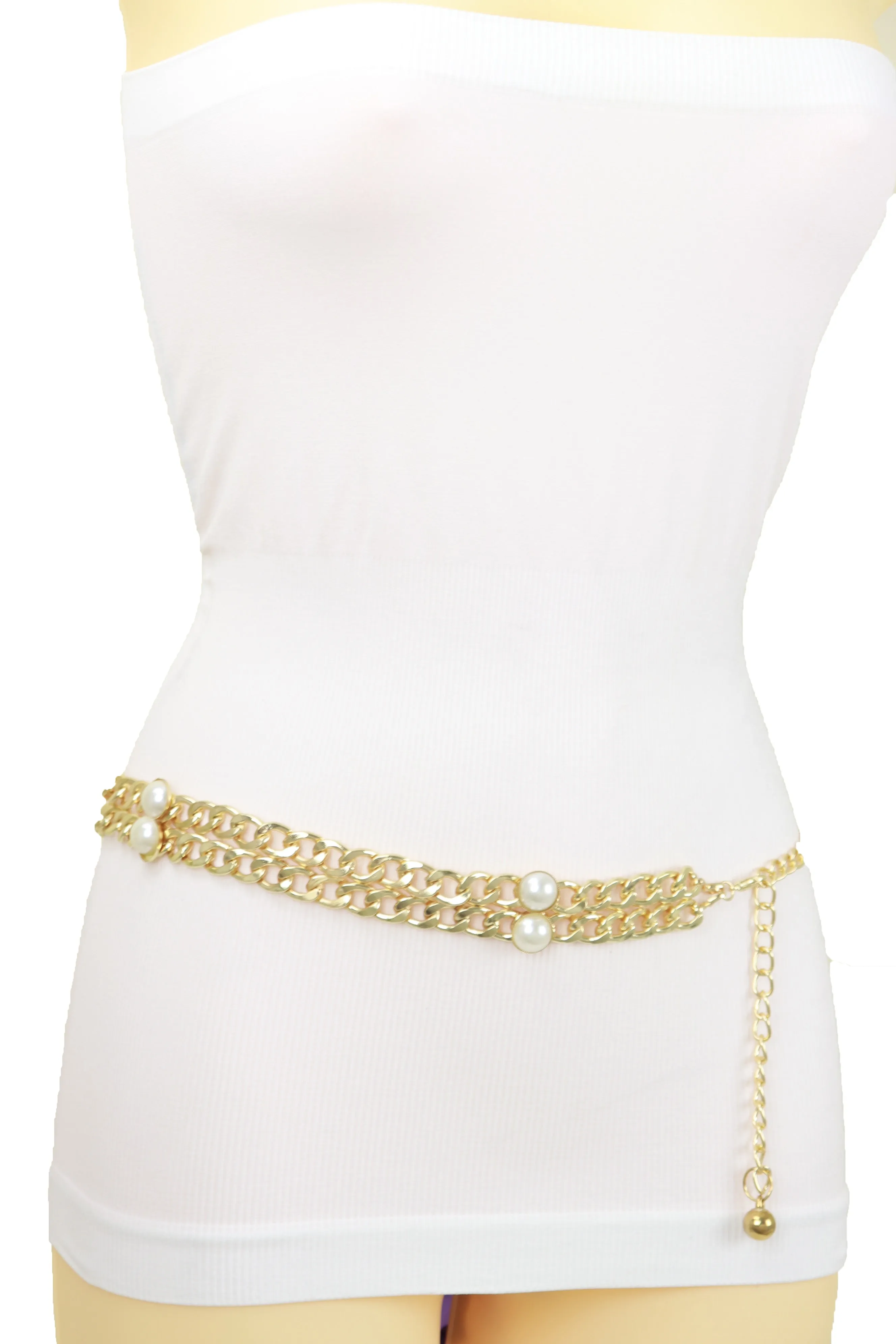 Gold Metal Chain Links Belt Pearl Beads S M