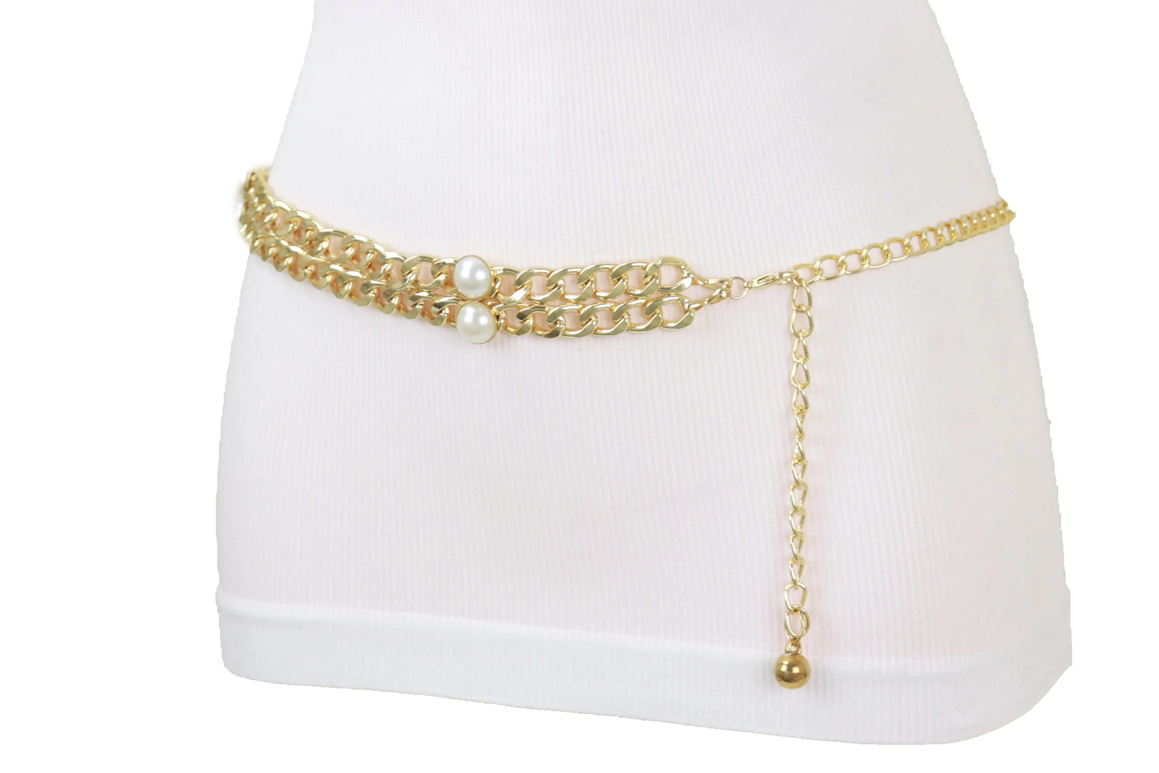 Gold Metal Chain Links Belt Pearl Beads S M