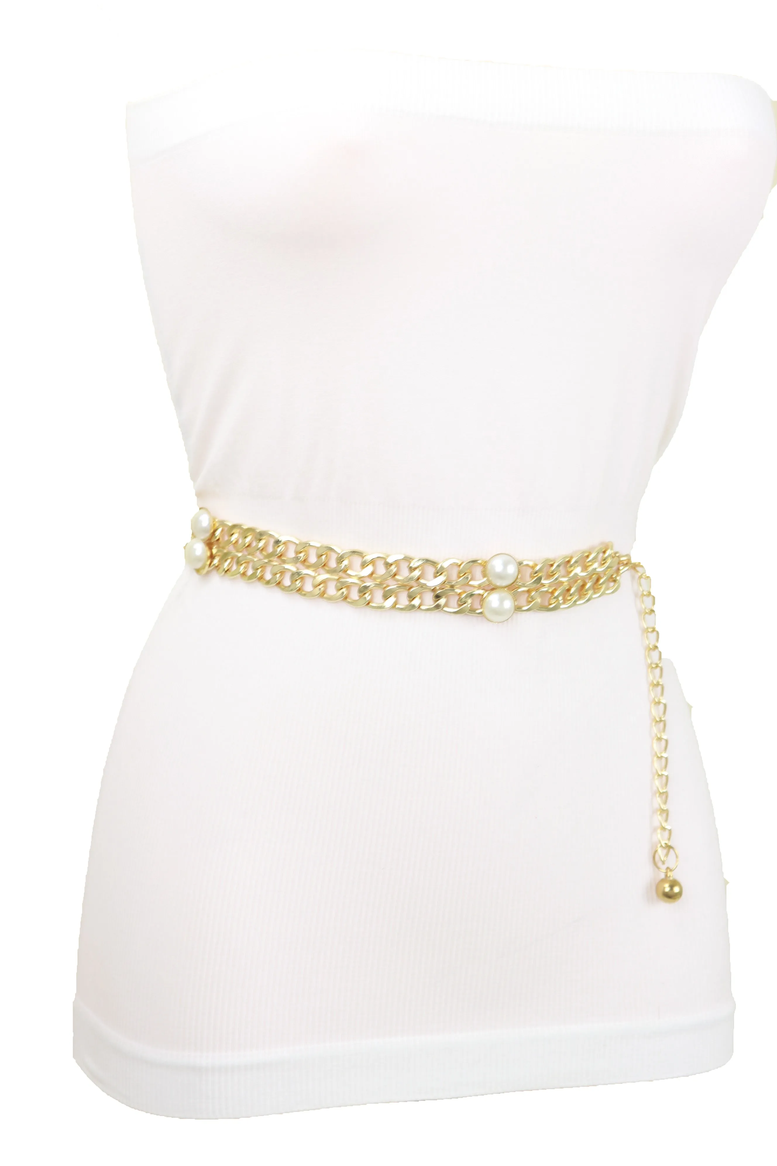 Gold Metal Chain Links Belt Pearl Beads S M