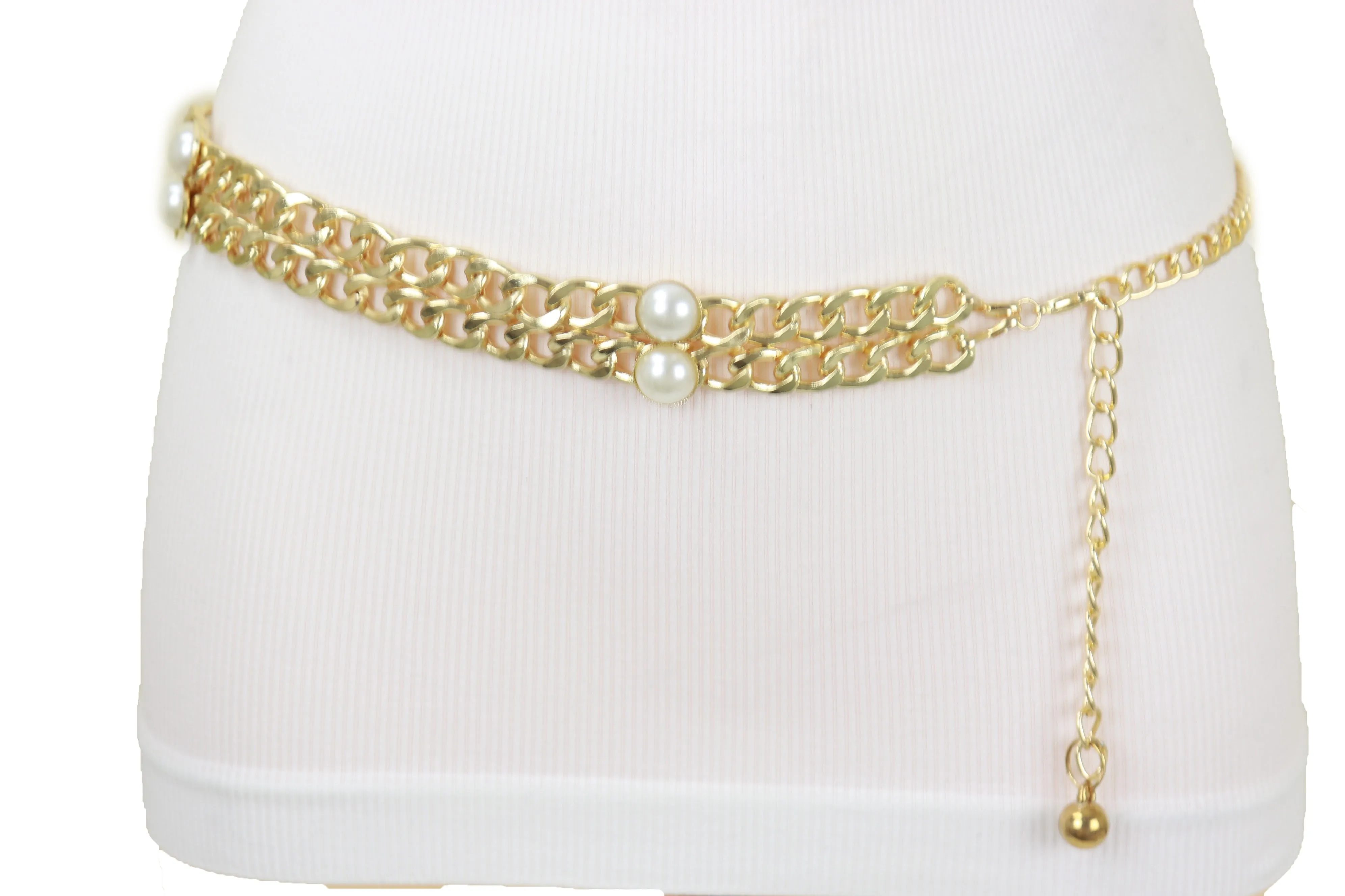 Gold Metal Chain Links Belt Pearl Beads S M