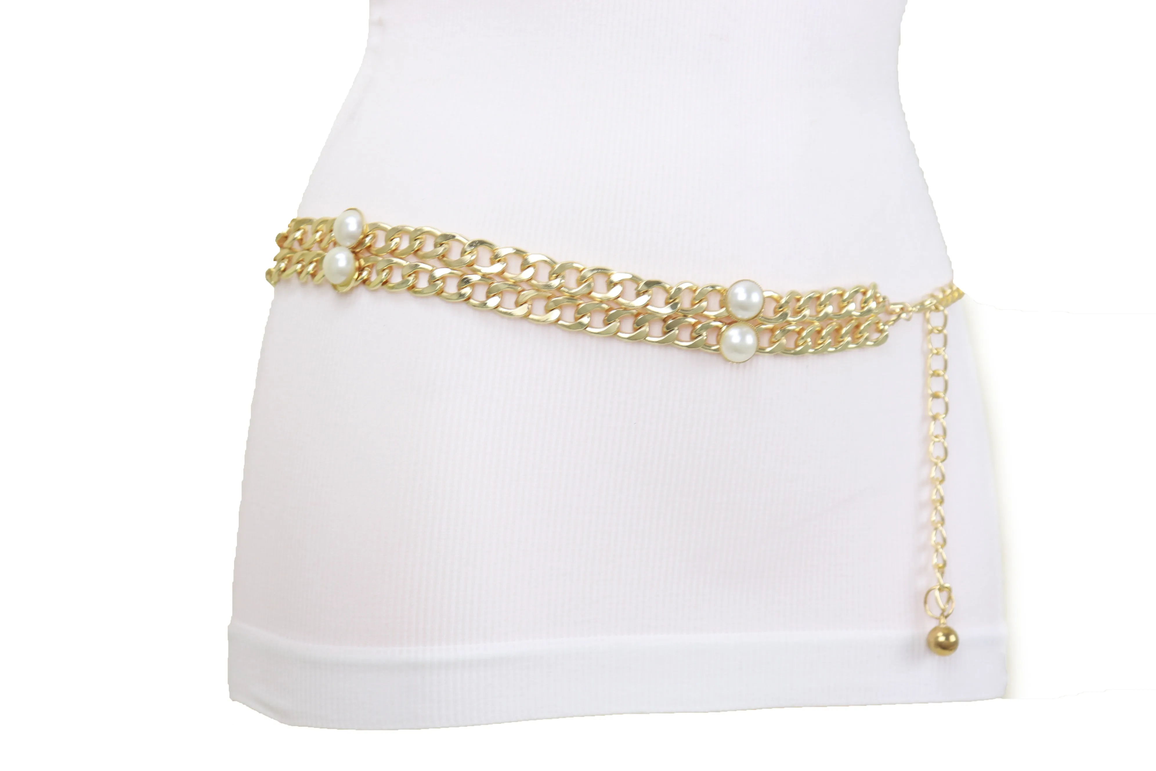 Gold Metal Chain Links Belt Pearl Beads S M