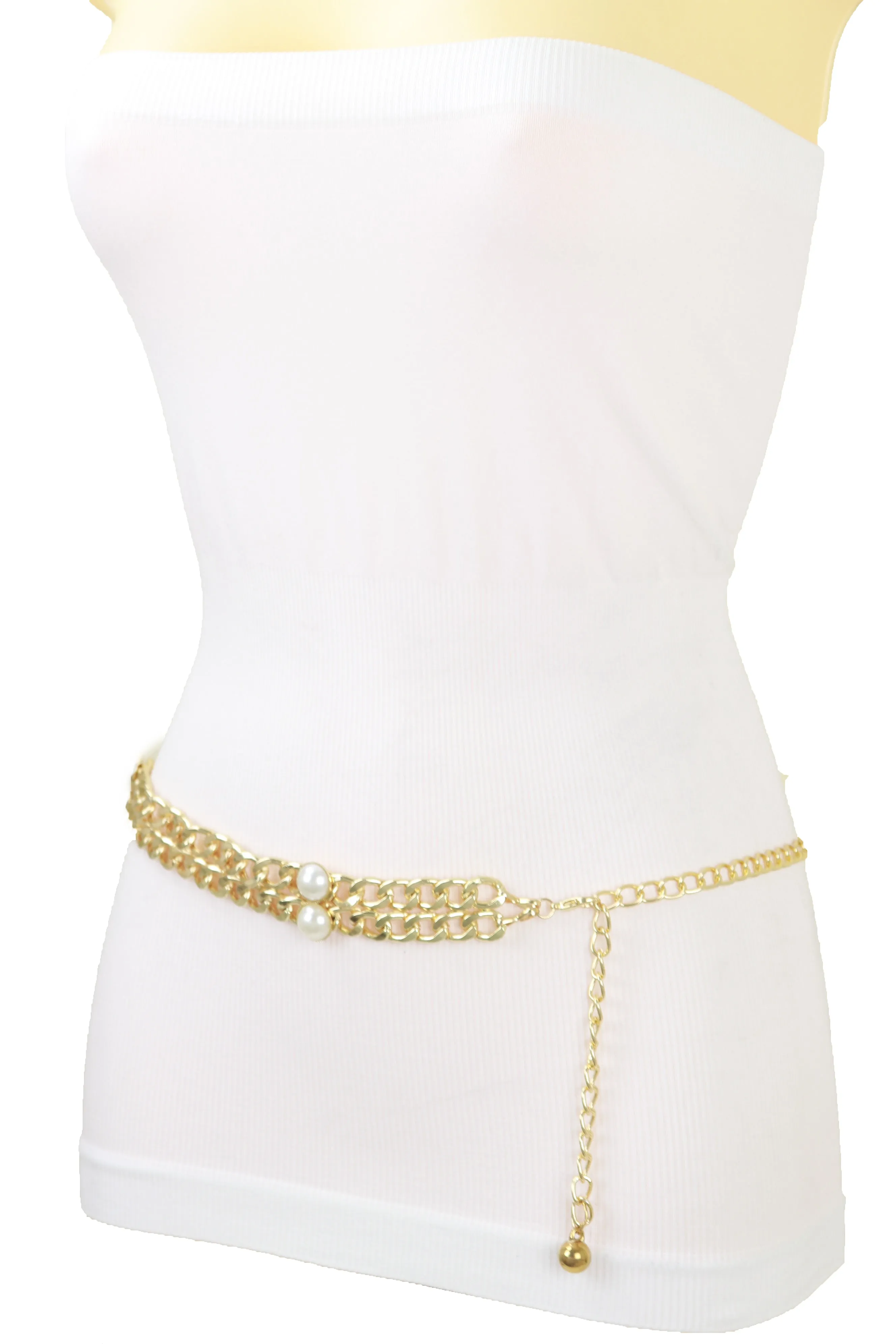 Gold Metal Chain Links Belt Pearl Beads S M