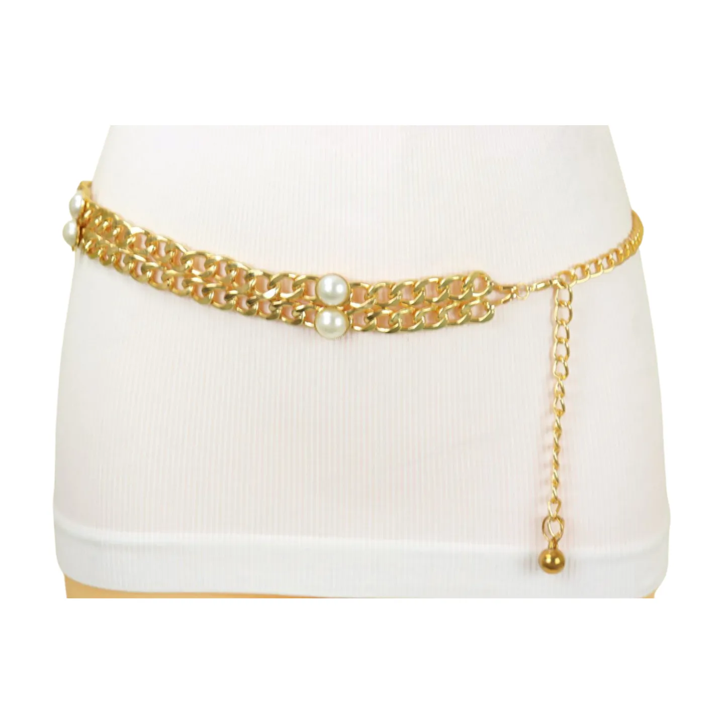 Gold Metal Chain Links Belt Pearl Beads S M