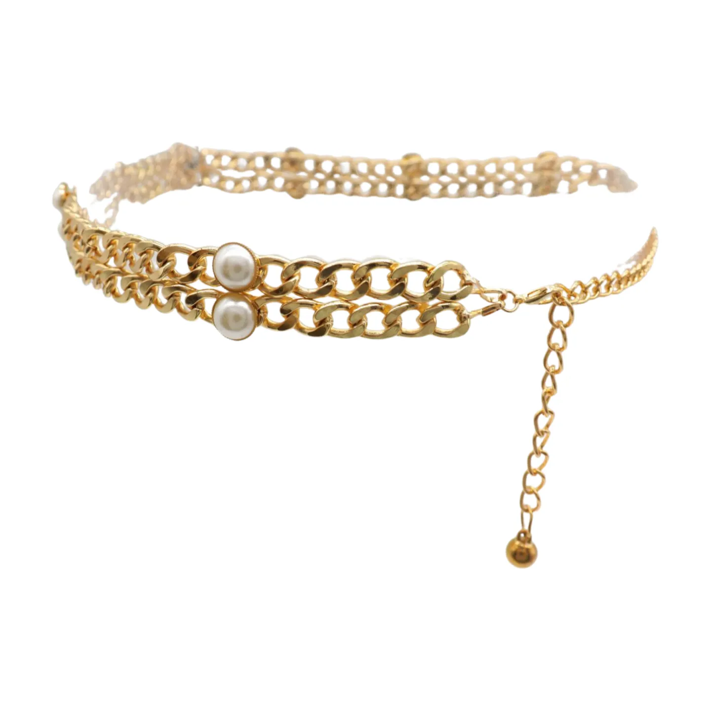 Gold Metal Chain Links Belt Pearl Beads S M